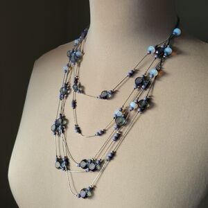Charming Charlie Waterfall Multi-Strand Beaded Necklace Purple and Opal Tone